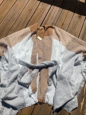 World Market Cozy Colorblock Fringe Wrap - Taupe & Light Gray